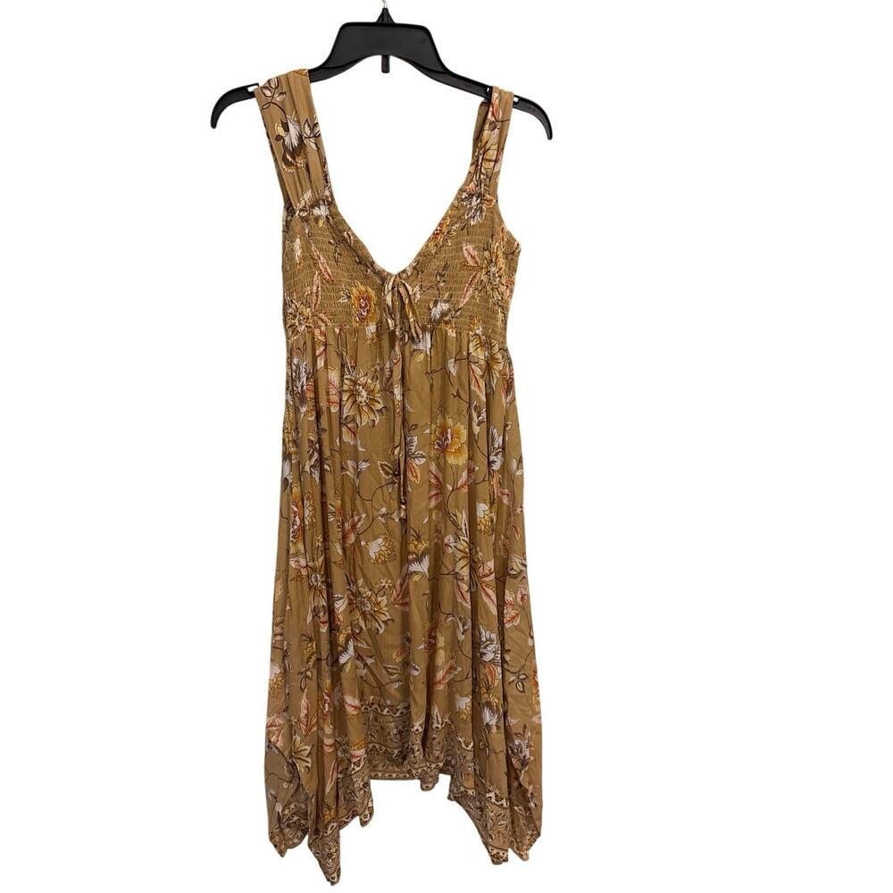 Angie Womens Small Smocked Floral Tan Boho Open Back Sleeveless Summer Dress NWT